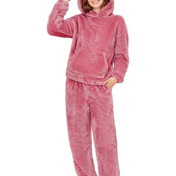 Fuzzy Bear Ear Hoodie Pajama Set Cozy Fleece Loungewear Oversized Chic